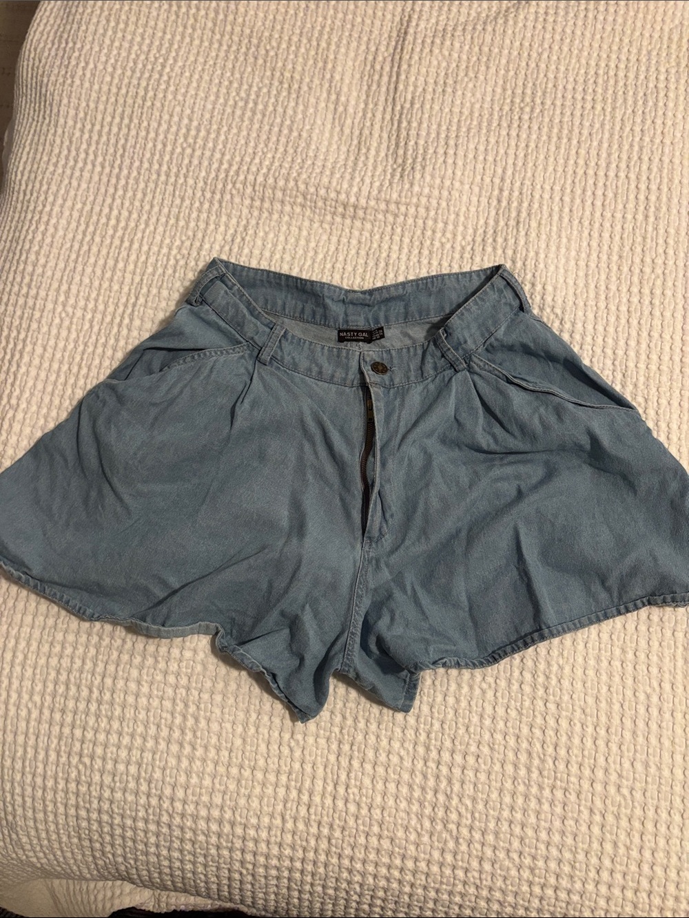 Nasty Gal Light Blue Chambray Flared Denim Shorts